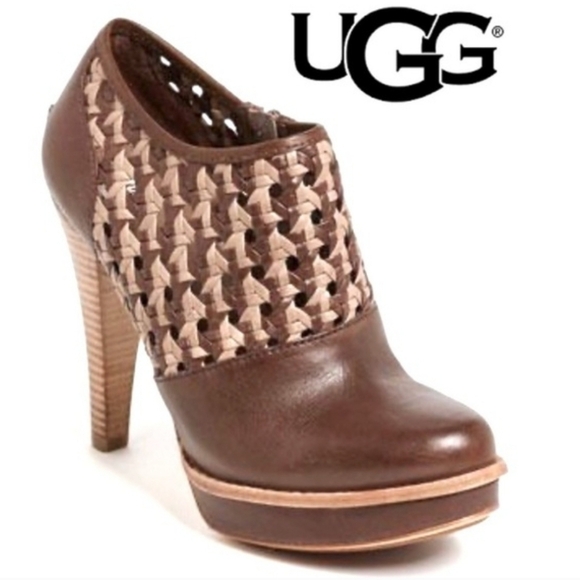 UGG Shoes - UGG Fatima Brown Woven Leather Heeled Booties Size 7.5